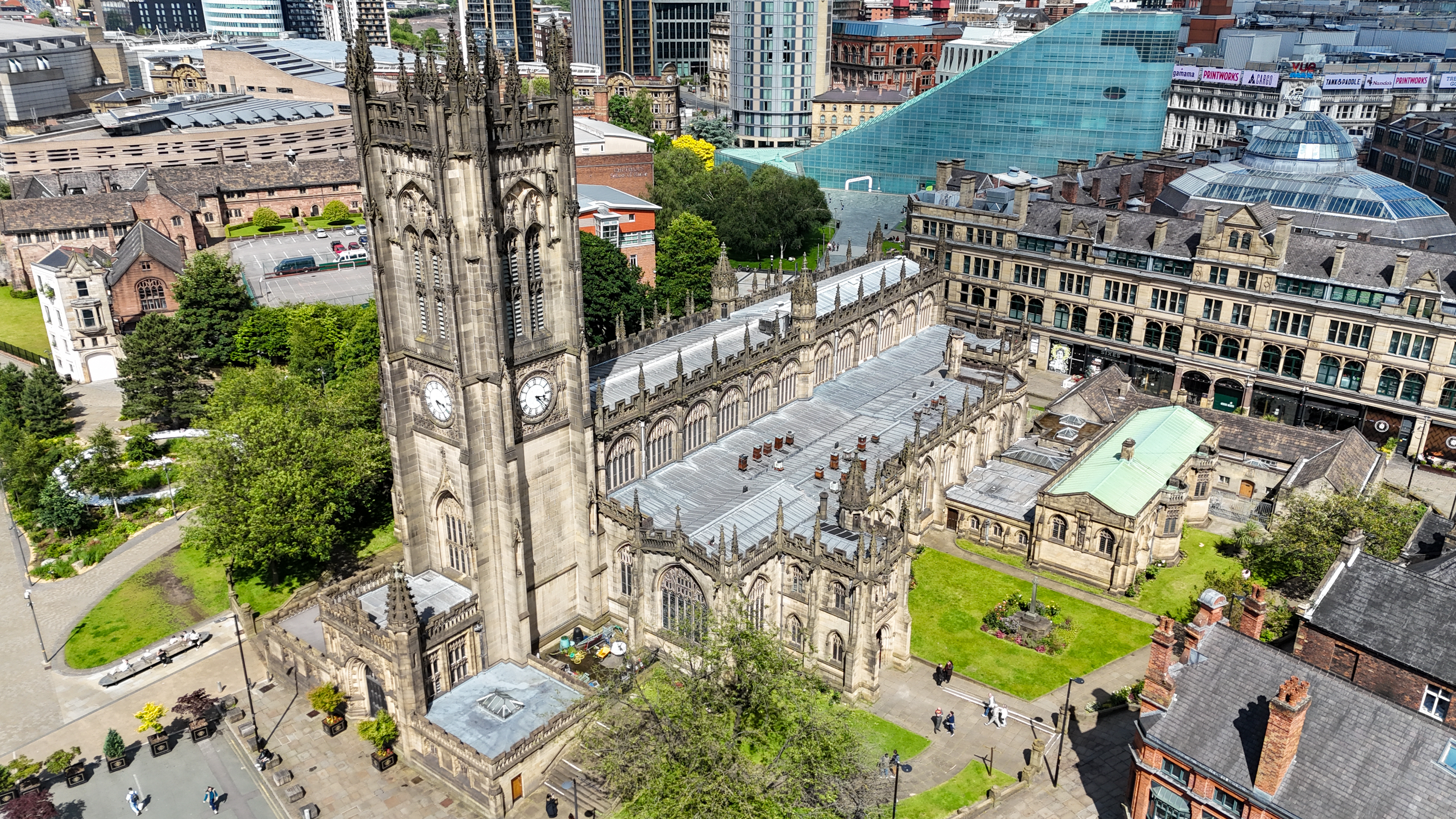 Manchester Cathedral seen from above.